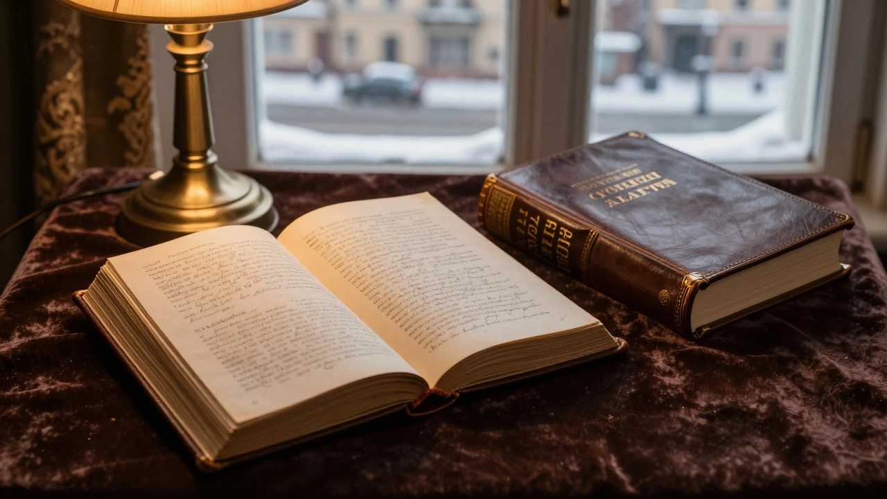 Старая книга с пометками рядом с точной копией, освещённая лампой в петербургском окне.