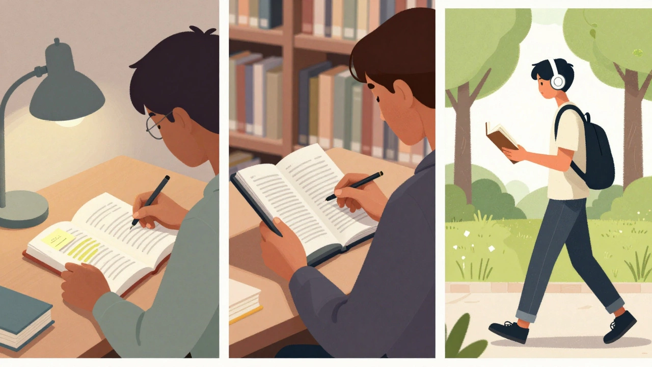 Три сцены чтения: студент с заметками, профессионал с электронной книгой и человек с наушниками на прогулке.