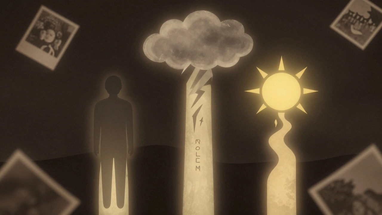 Три светящихся столба: человек, буря и солнце — символы истории, окруженные воспоминаниями.