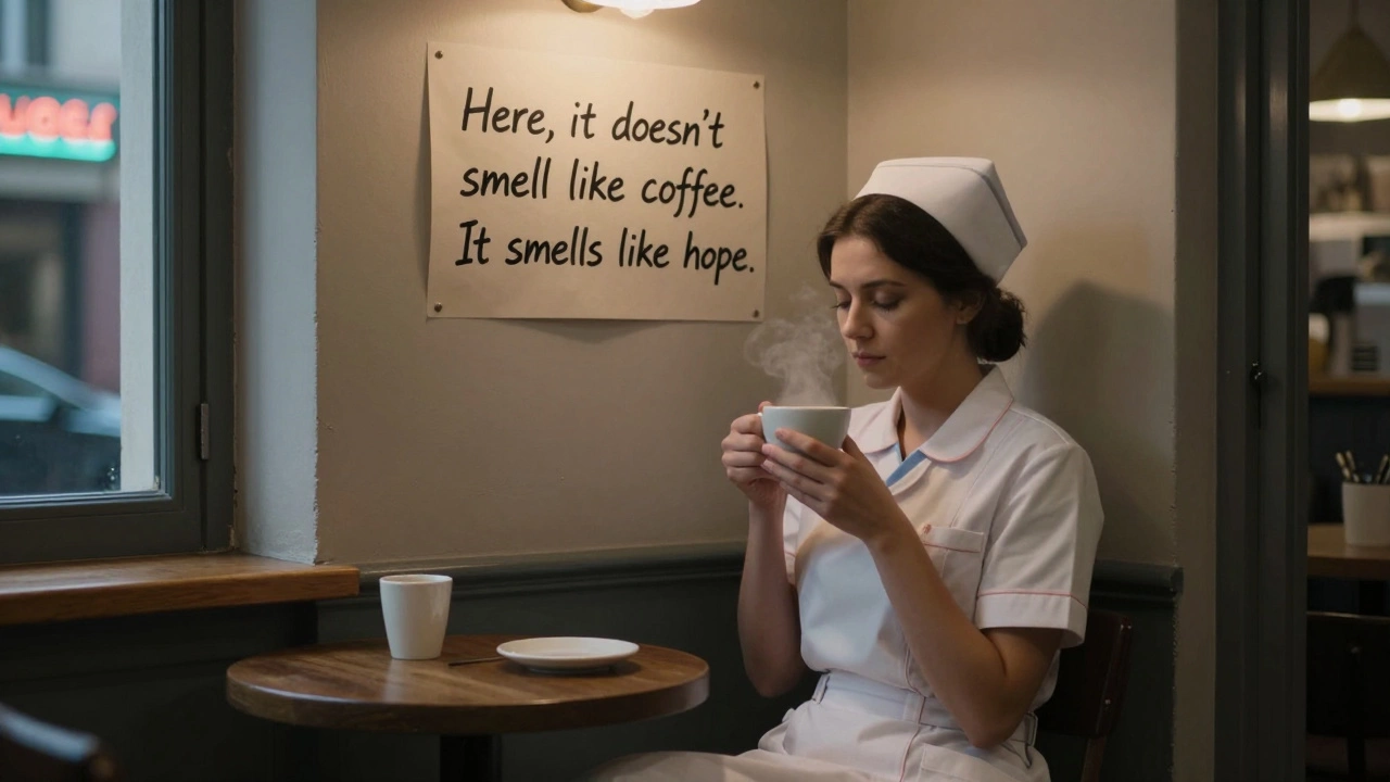 Женщина в форме медсестры сидит в кофейне, закрыла глаза, на стене — записка: 'Здесь пахнет не кофе, а надеждой'.