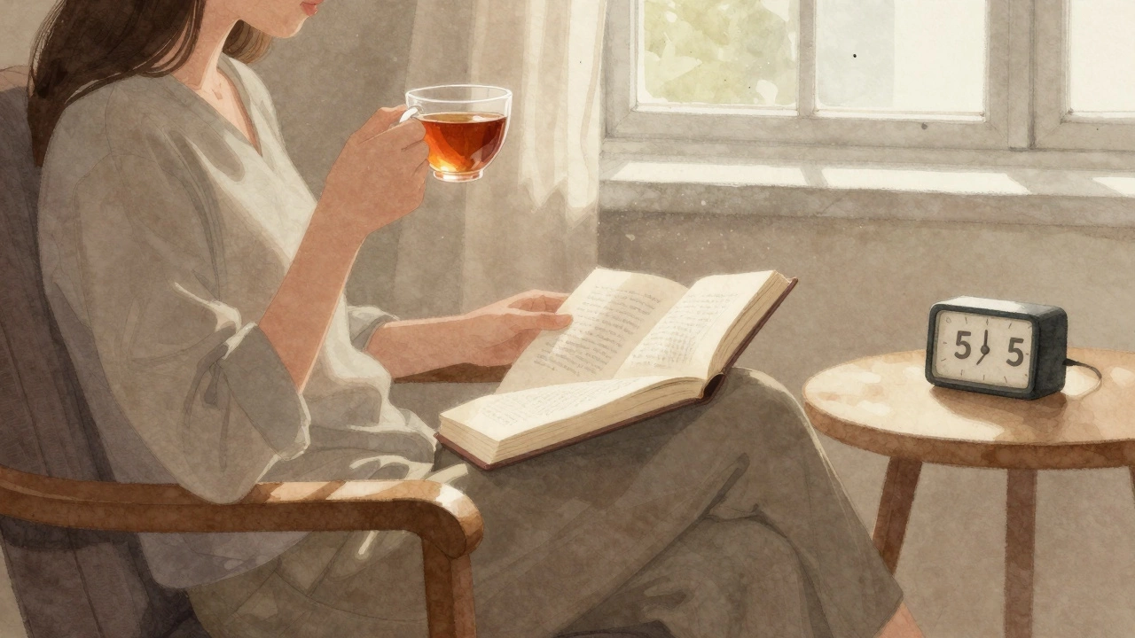 Человек читает пять минут в кресле с чашкой чая, рядом таймер.