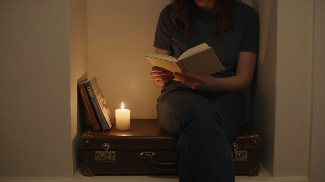 Человек читает в нише, рядом — свеча, блокнот и книги на винтажном чемодане.
