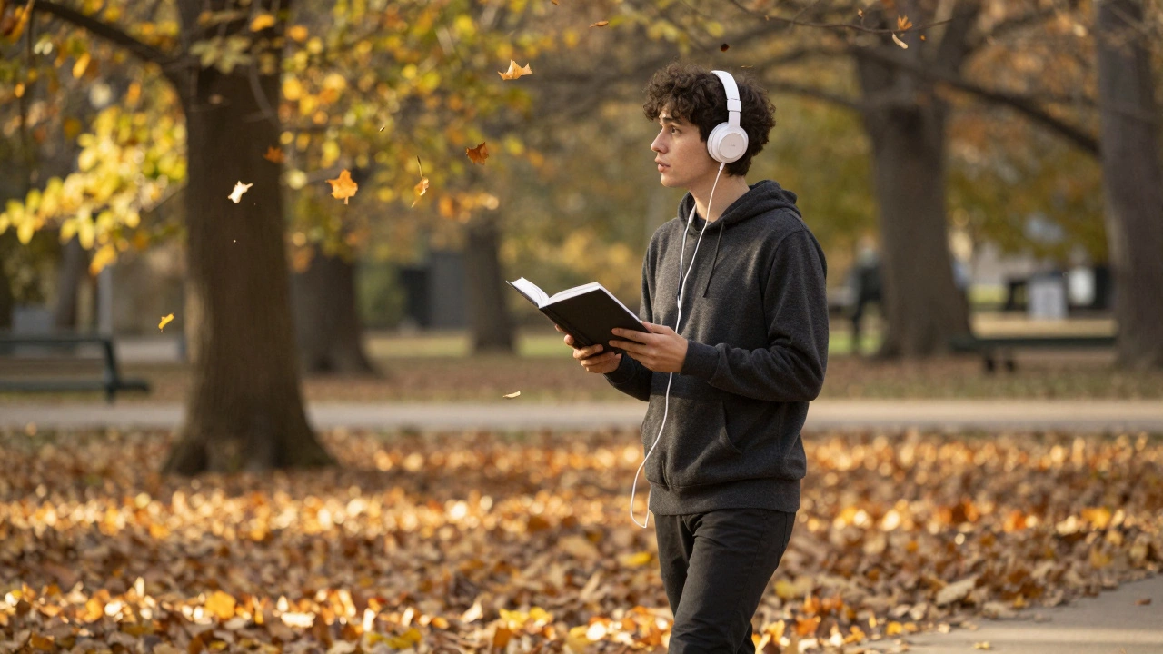 Человек гуляет в парке, слушая аудиокнигу, с книгой в руке.