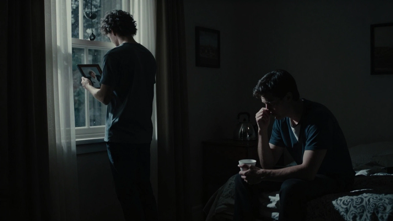 Человек стоит у окна, другой держит чашку — тишина, свет луны, чайник поет вдали.