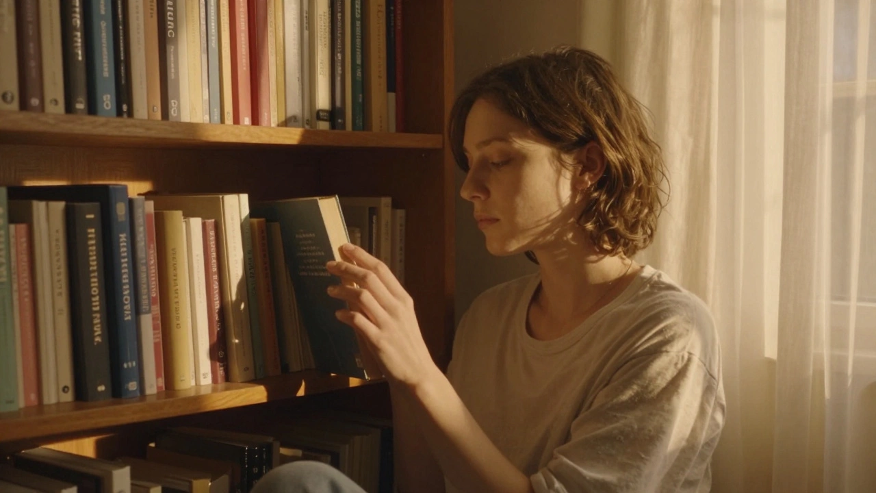 Человек вспоминает эмоции от книги, стоя в уютном уголке с книгами.