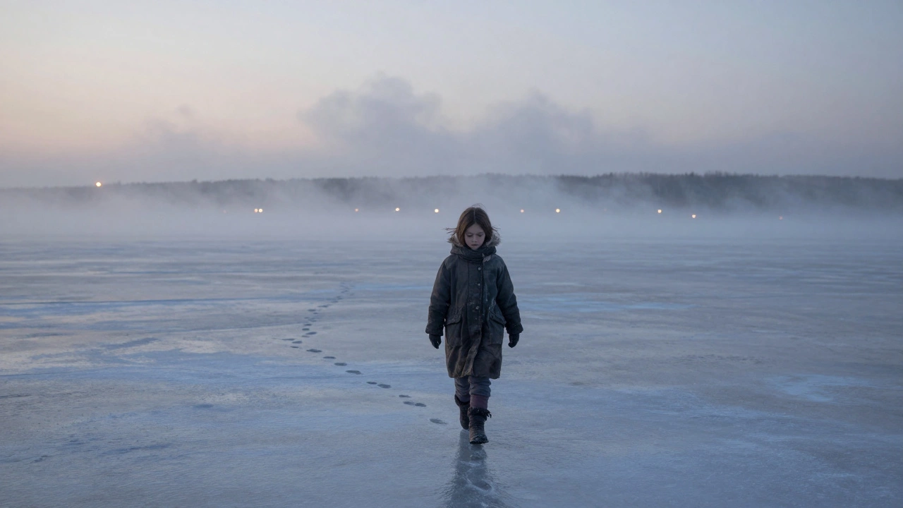 Девочка идёт по льду Ладожского озера на рассвете, за ней следы в снегу, на горизонте — вспышки артиллерии.