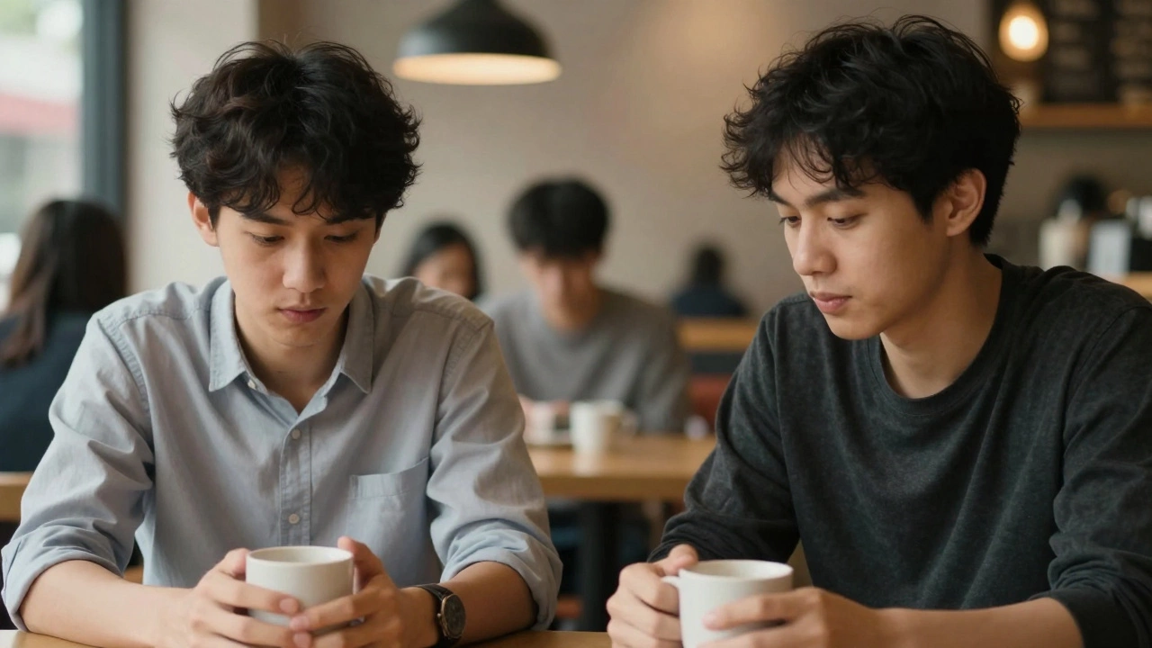 Два человека в кафе молчат, один говорит, другой слушает — между ними ощущается глубокая, невысказанная связь.