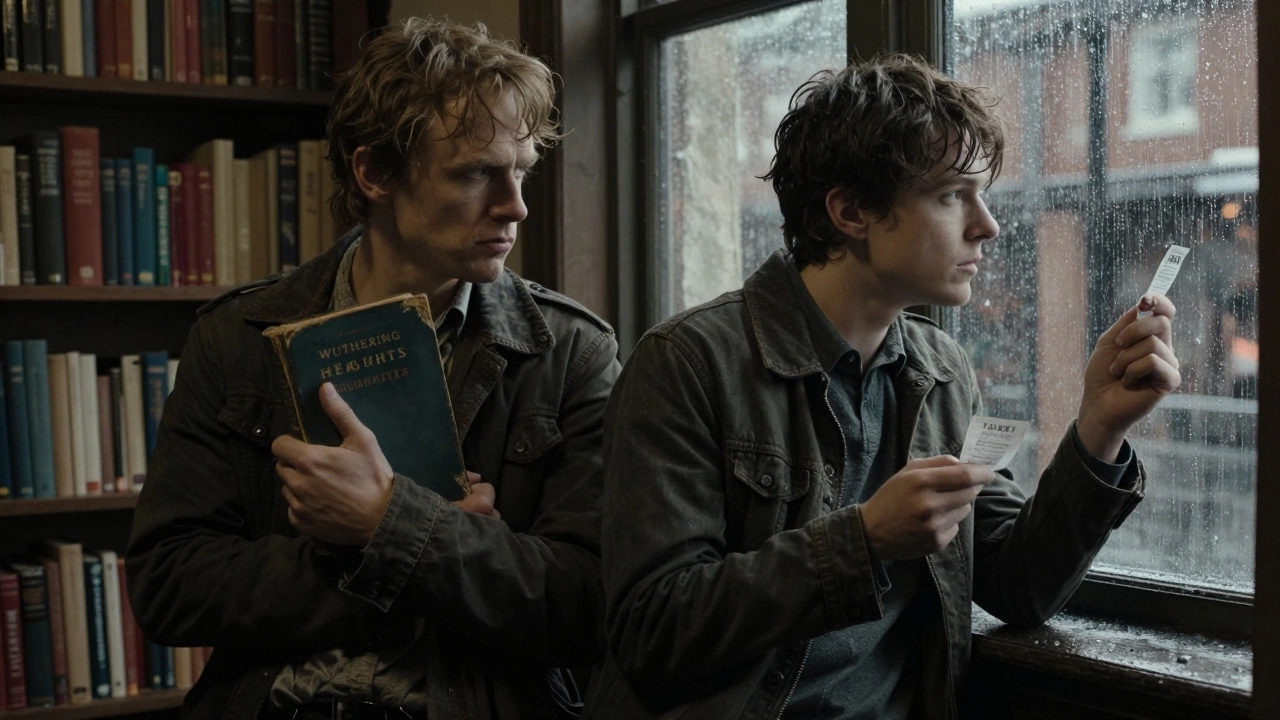 Двое в книжном магазине: один держит 'Грозовой перевал', другой — квитанцию такси — их молчание говорит больше слов.