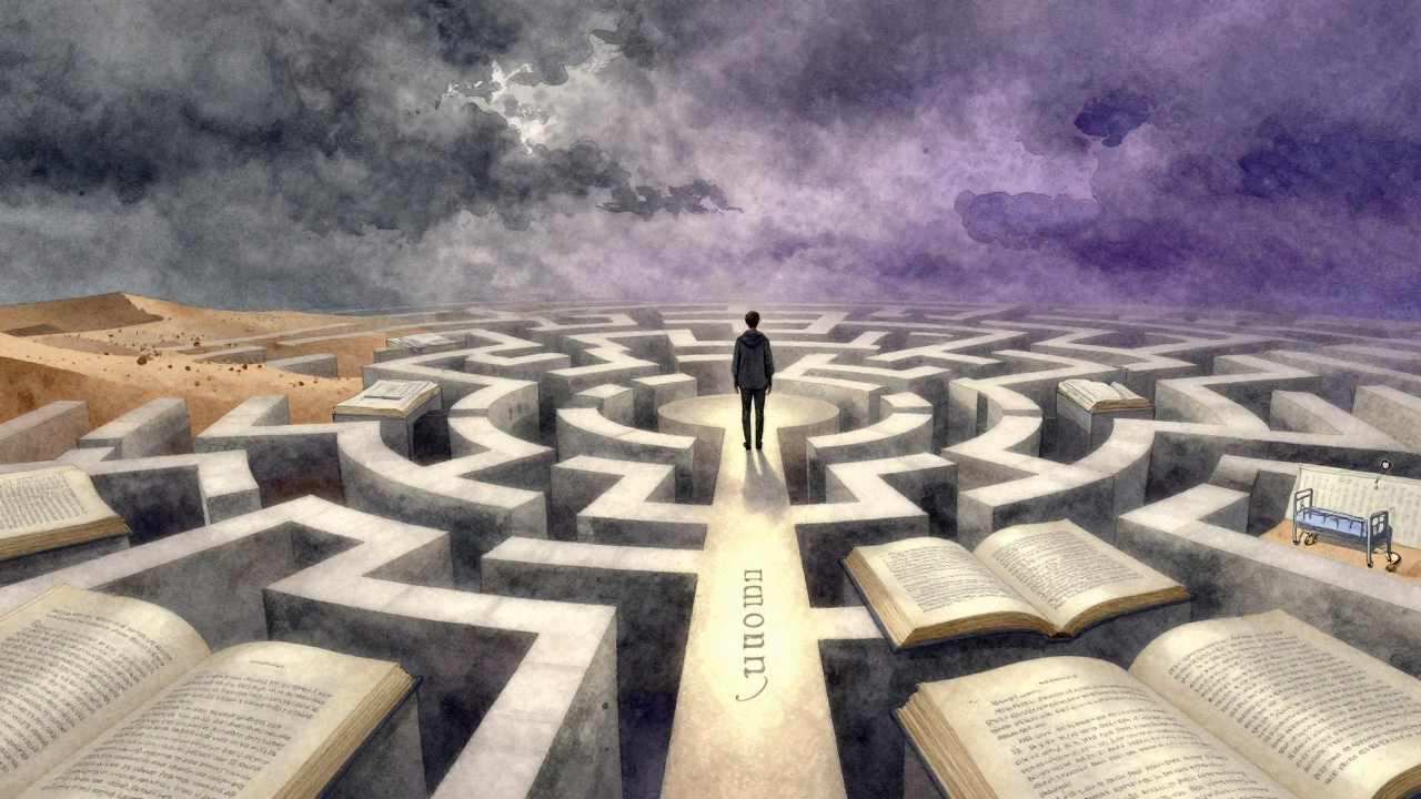 Фигура в лабиринте из книг, где каждая страница показывает последствие выбора в разговоре: пустыня, больница, пляж.