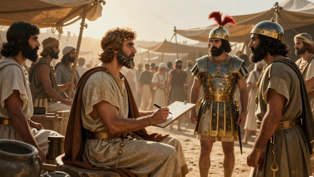 Геродот записывает диалог между персами и греками на рынке древнего мира.