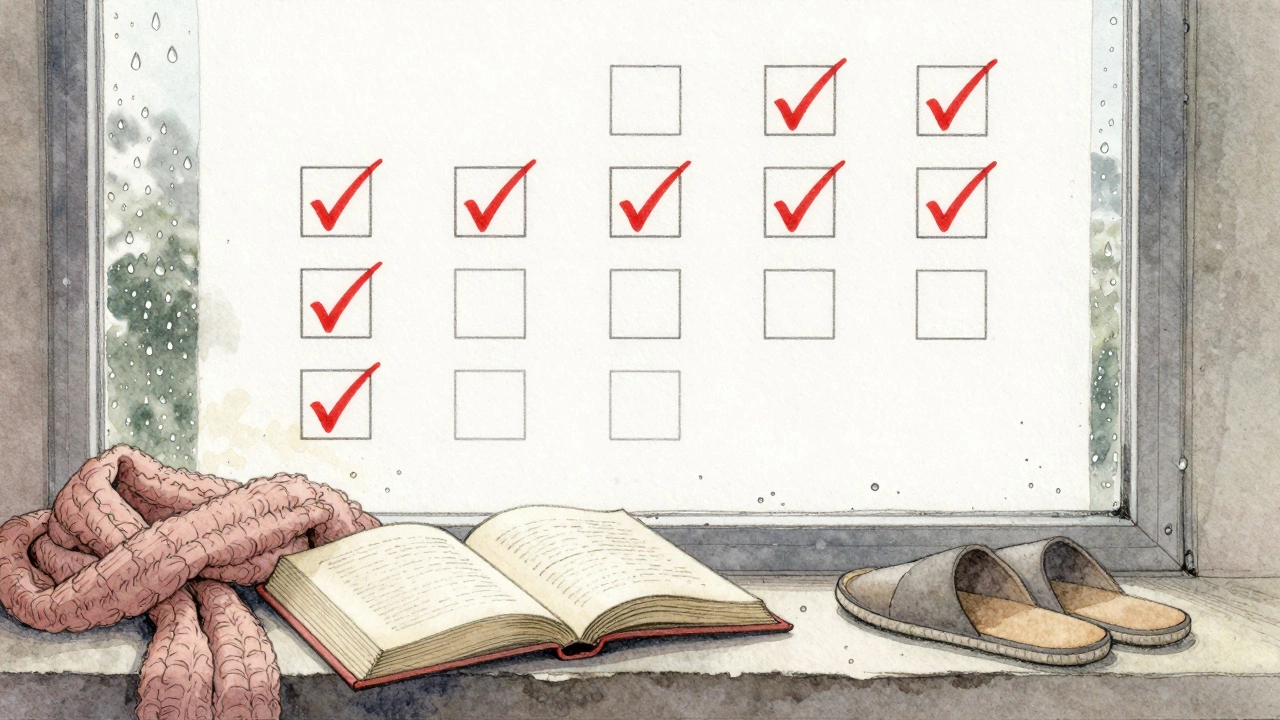 Календарь с семьёй галочек, рядом книга и дождь на стекле — символ последовательности чтения.