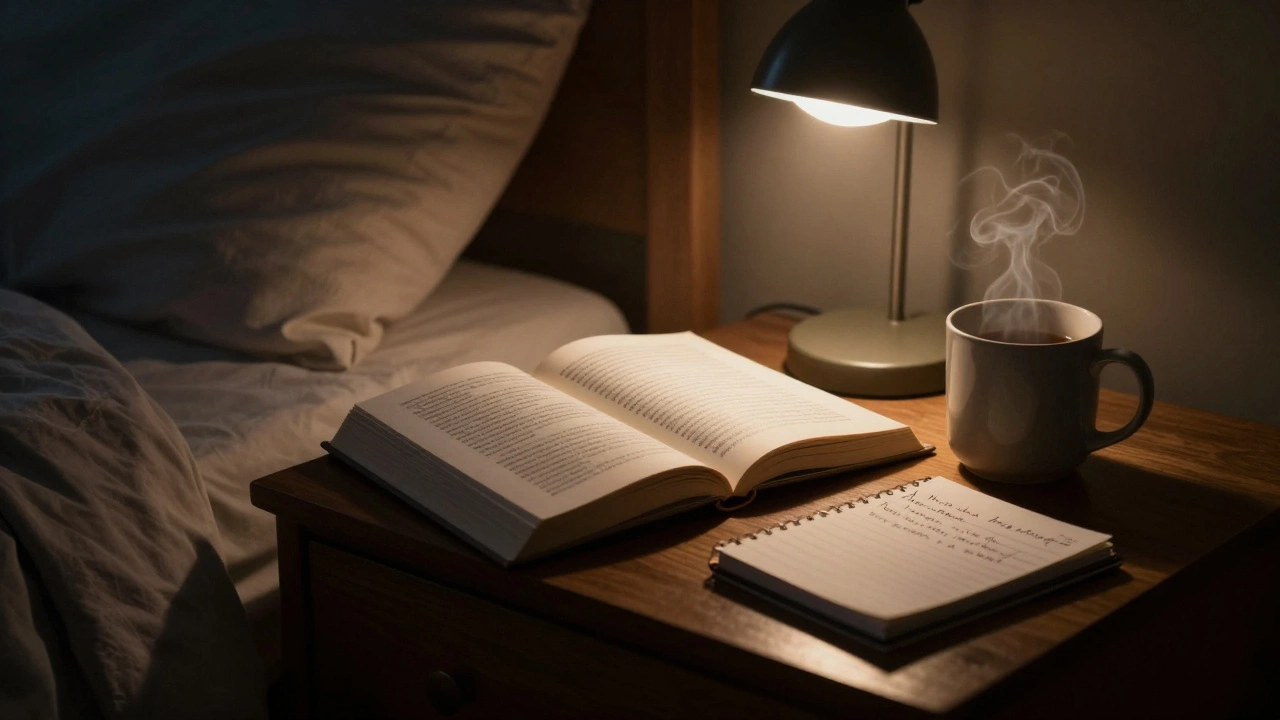 Книга открыта на тумбочке у кровати, рядом блокнот и чашка.