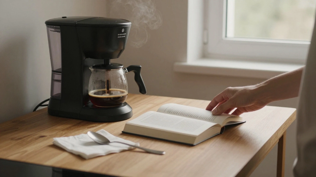 Книга стоит рядом с кофеваркой утром, человек берёт её после того, как налил кофе.