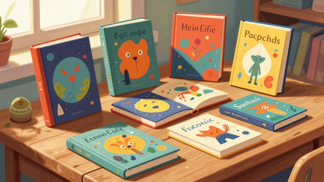 Коллекция ярких детских книг лежит на деревянном столе.