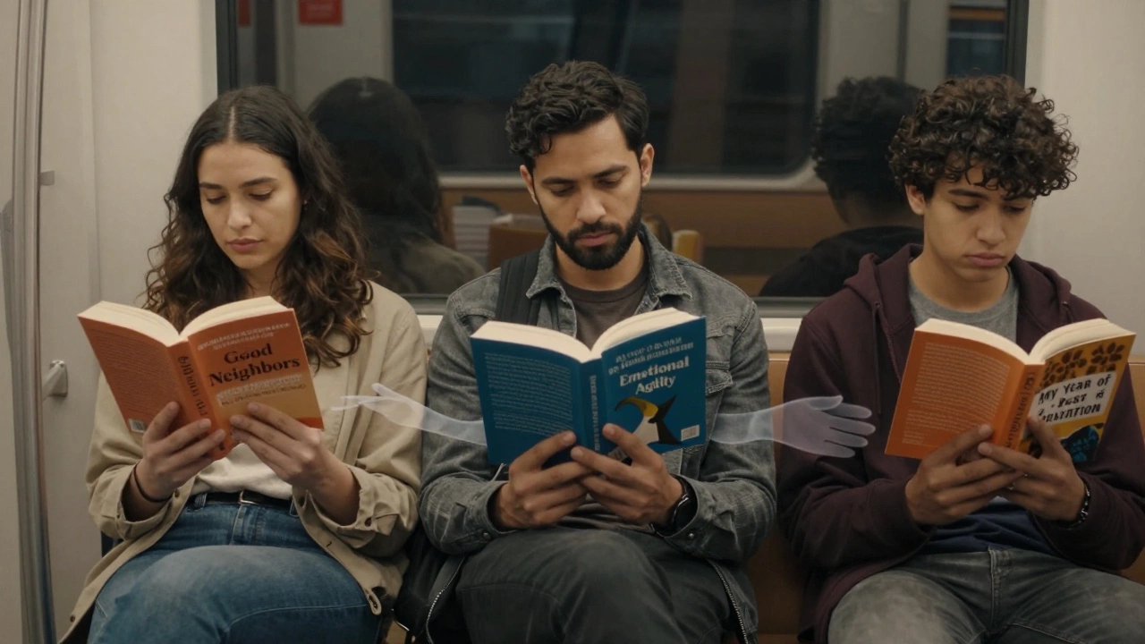 Люди разных возрастов читают книги в повседневных местах, выражения лиц — спокойные и задумчивые.