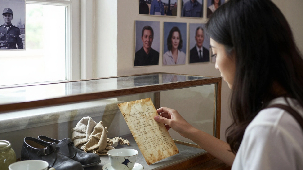 Молодая женщина прикасается к старому письму в провинциальном музее, рядом — сотни личных артефактов войны.