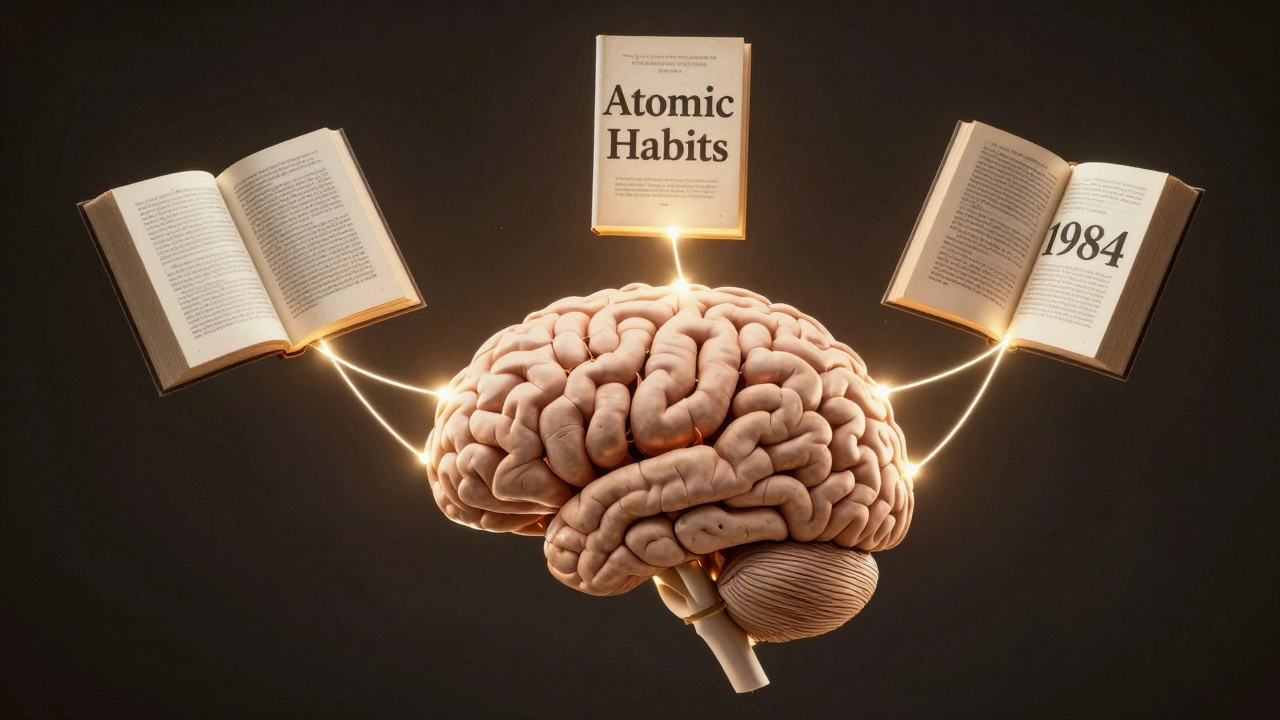 Мозг, составленный из страниц книг, с световыми связями между идеями из разных текстов.