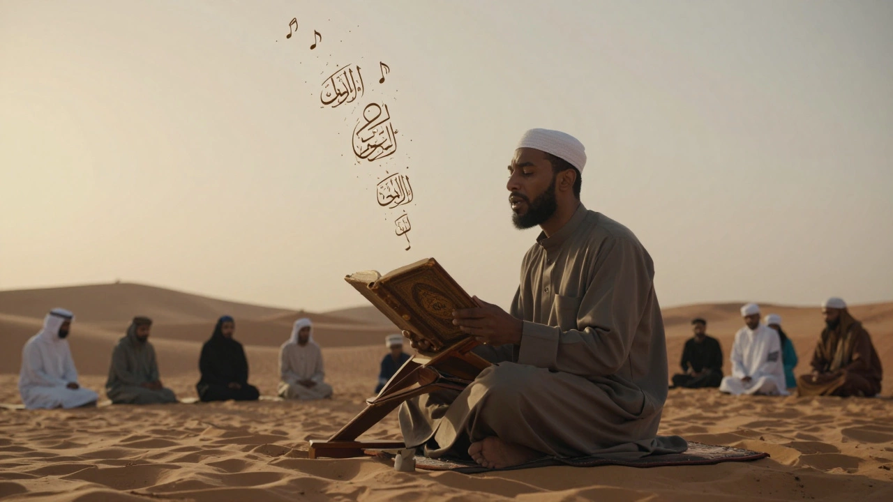 Мужчина читает Коран на рассвете в пустыне, арабские буквы поднимаются в небо.