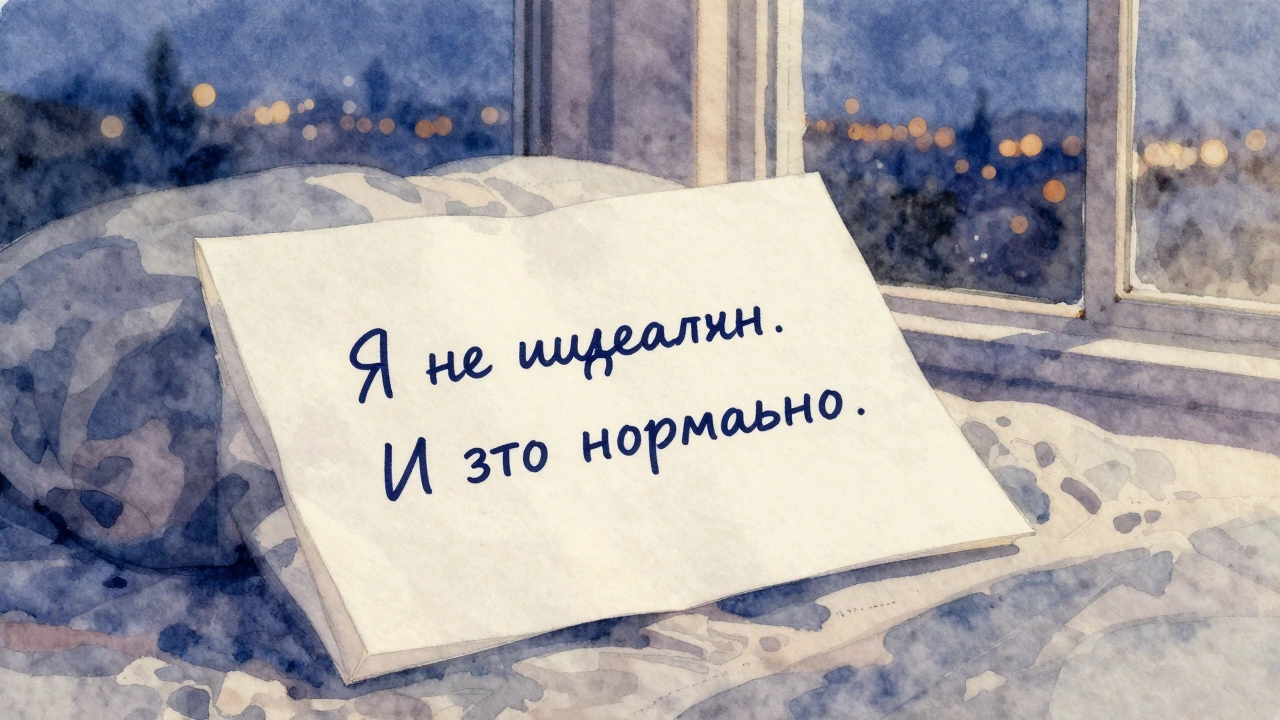 На подушке лежит записка с фразой 'Я не идеален. И это нормально.' — тихий, уютный вечер.