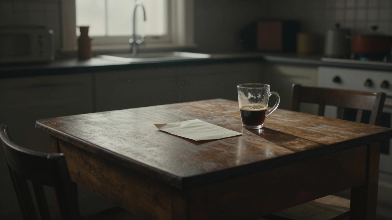 На старом деревянном столе лежит неоткрытое письмо и холодный кофе в кружке, утро светится сквозь пыльное окно.