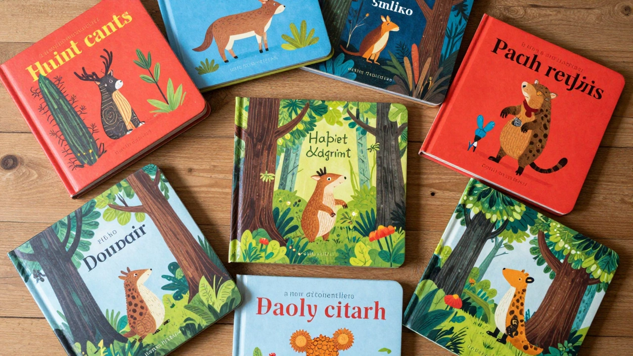 Набор прочных детских книг с картинками на деревянном столе