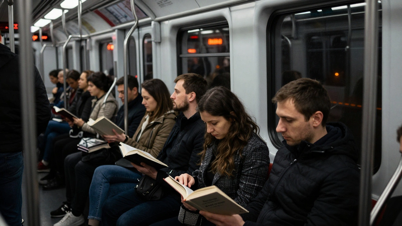Пассажиры в метро читают книги в тишине, отражения окон на их лицах.