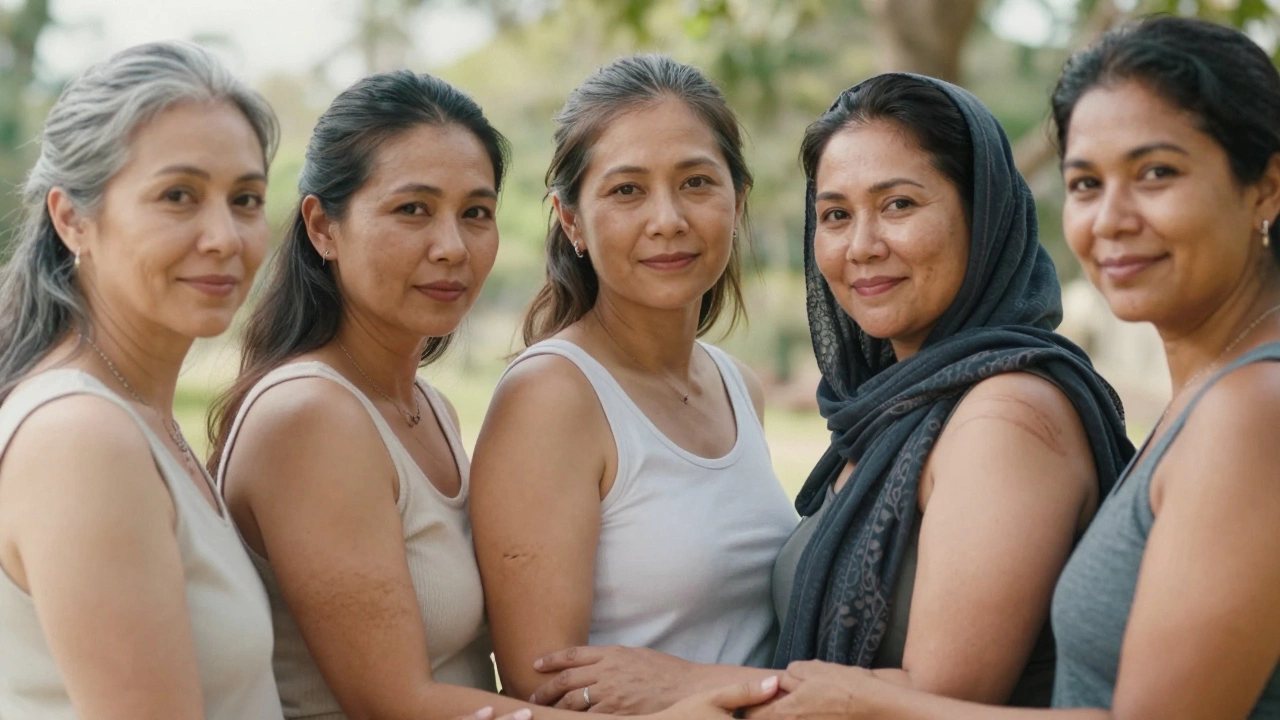 Пять женщин разных возрастов и телосложений стоят вместе, улыбаются, излучая уверенность и принятие себя.