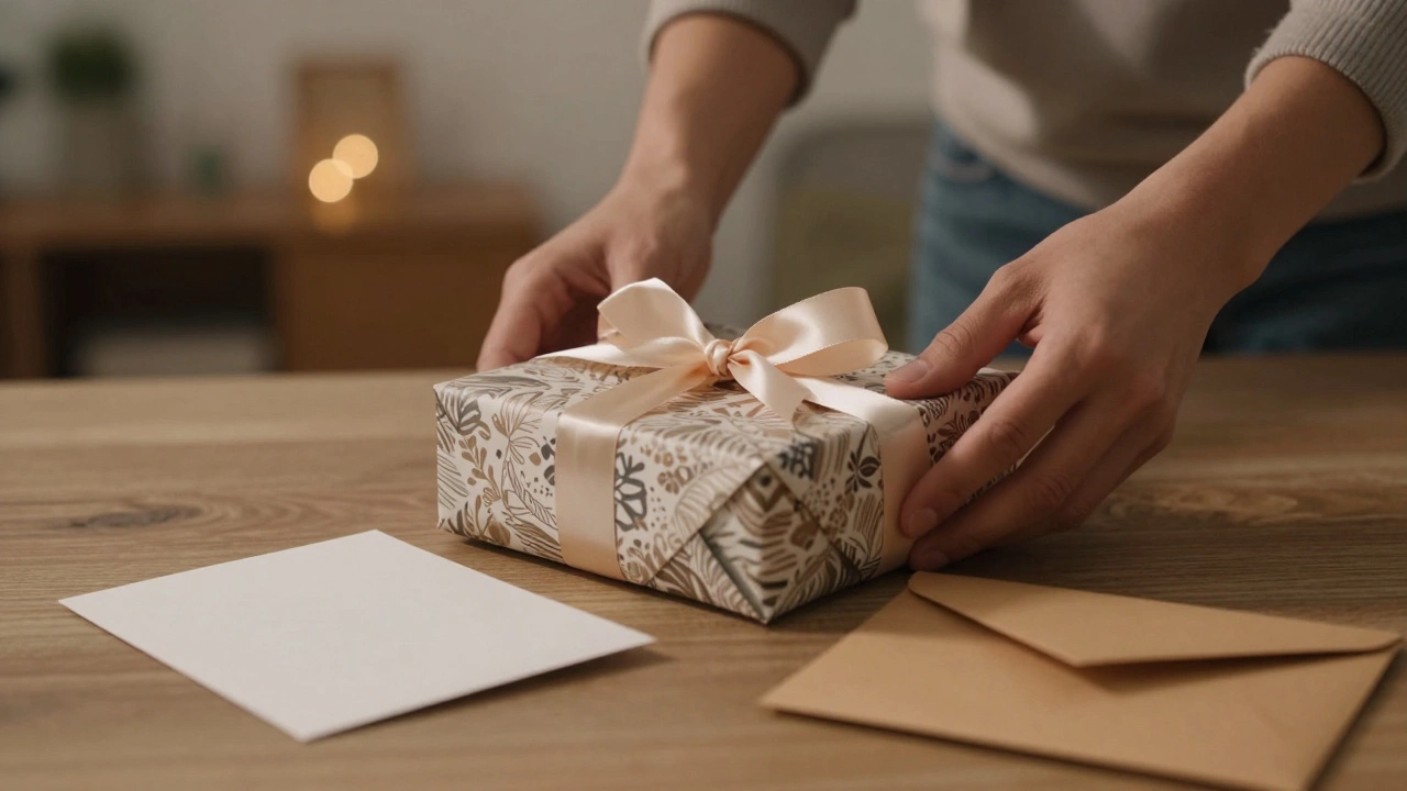 Подаренная обернутая книга с лентой и открыткой на столе.