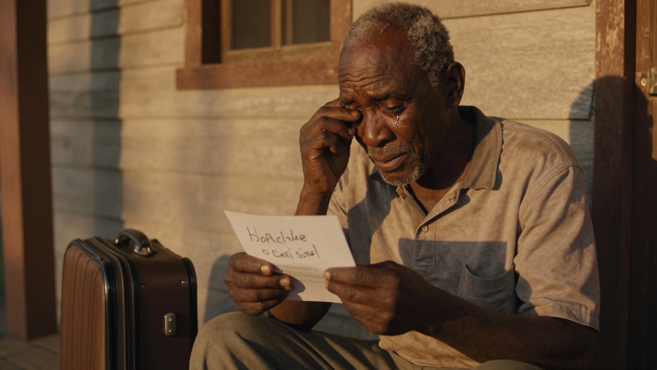Пожилой мужчина смотрит на записку от путешественника из Африки на деревянном крыльце утром.