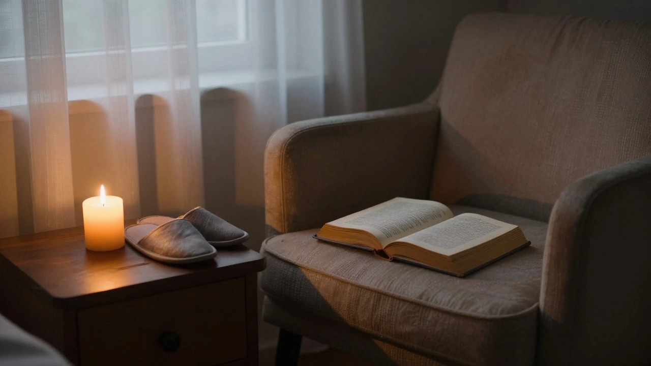 Пустое кресло у кровати, открытая книга, тлеющая свеча, тапочки на полу — тихий вечерний ритуал.