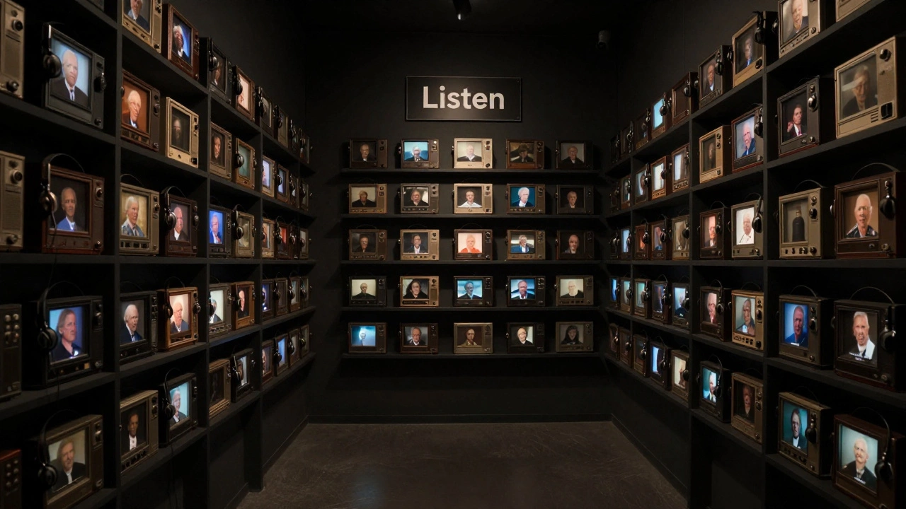 Пустой музей с сотнями аудиоплееров, каждый из которых играет голос человека, без экспонатов, только наушники и тишина.