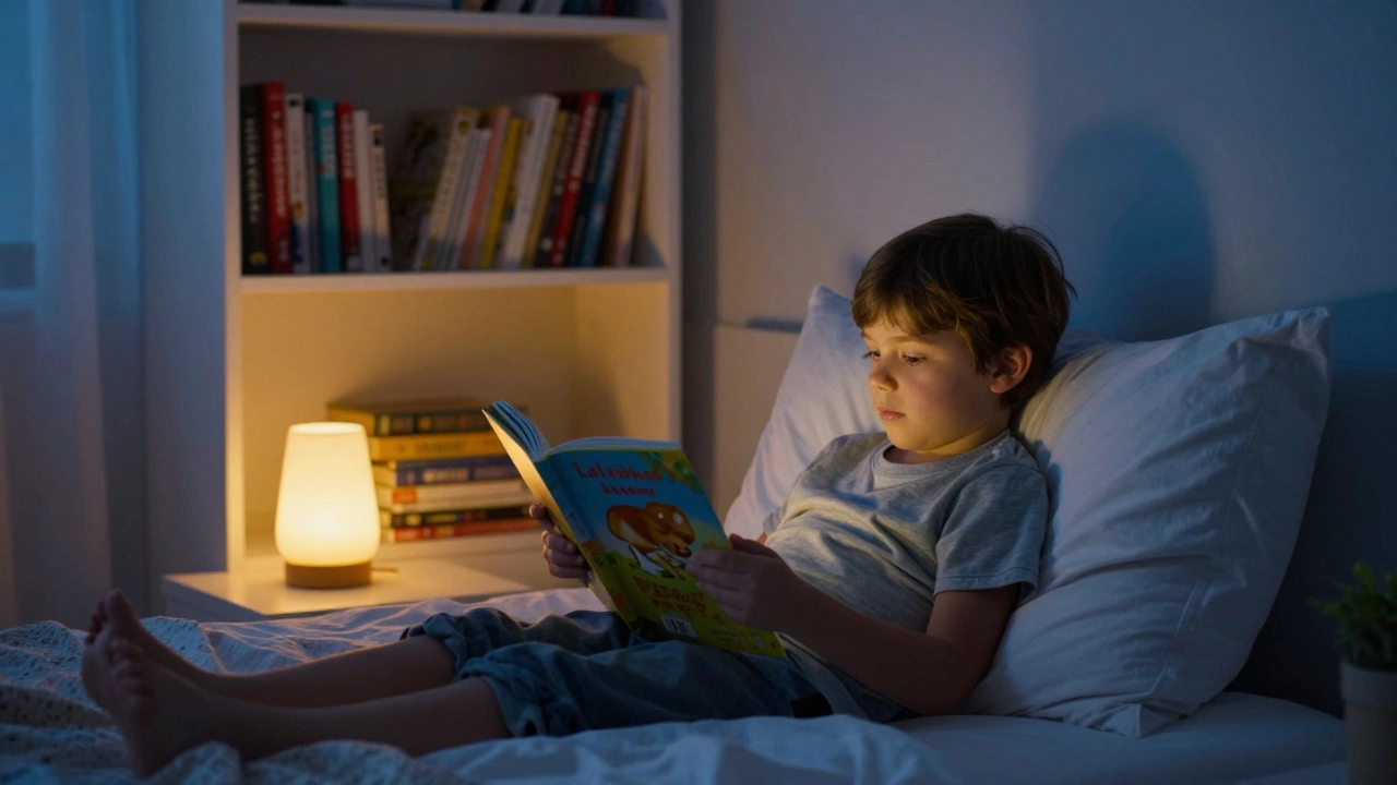 Ребенок листает книгу в кровати при свете теплого ночника