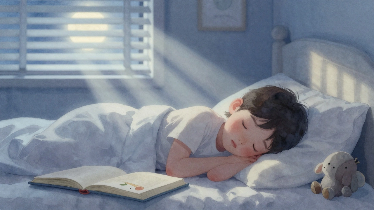 Ребенок спокойно спит после вечерней книги в детской комнате