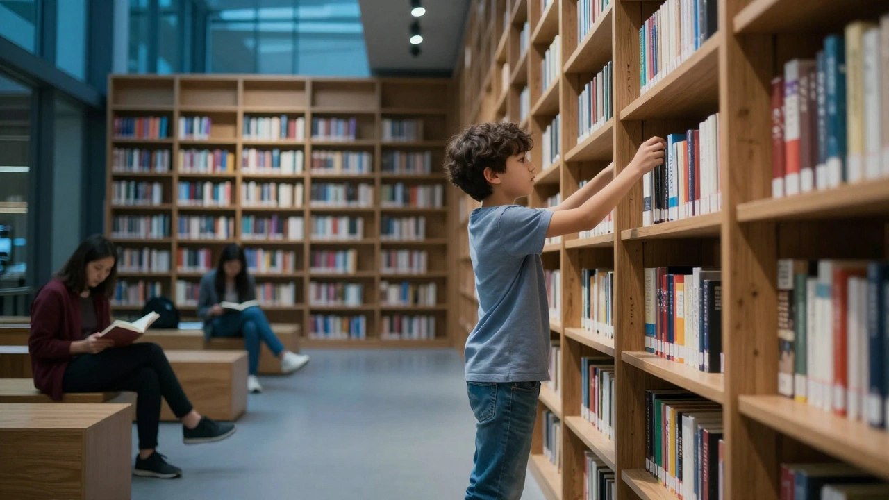 Ребенок выбирает новую книгу на стеллаже городской библиотеки.