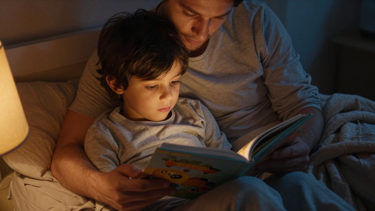Родитель читает ребенку сказку при теплом свете ночника