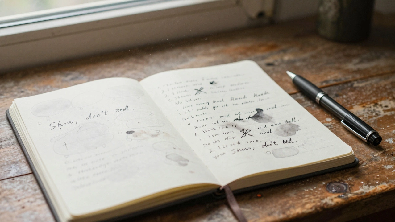 Рукописный черновик диалога с зачеркнутыми строками и заметками: 'Здесь пауза'.