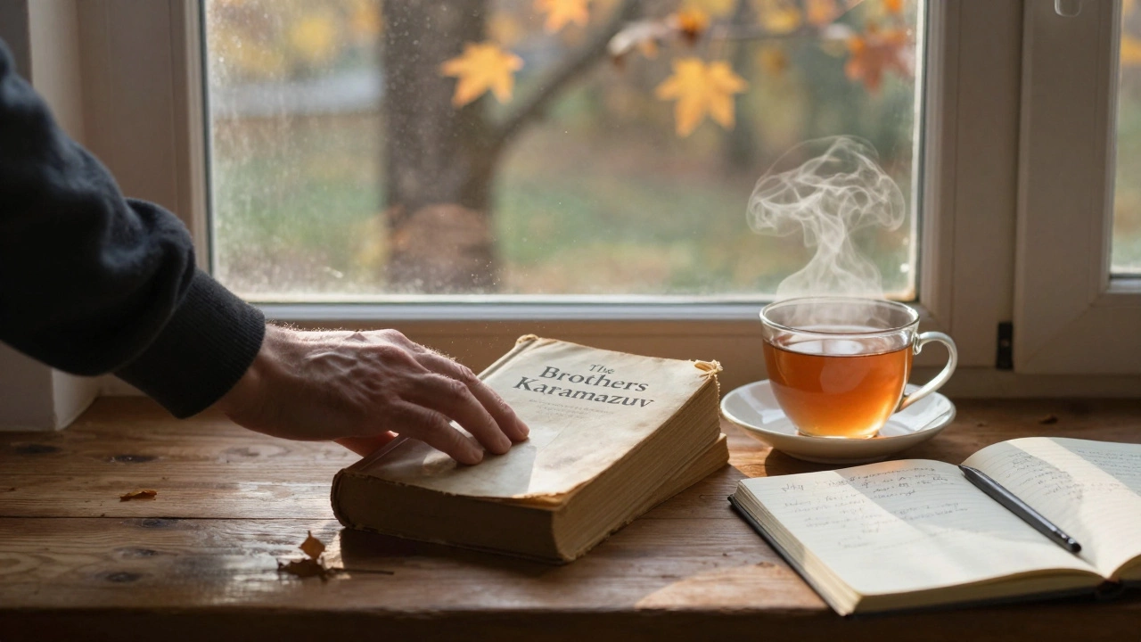 Старая книга на подоконнике утром, рядом чашка чая и записная книжка.