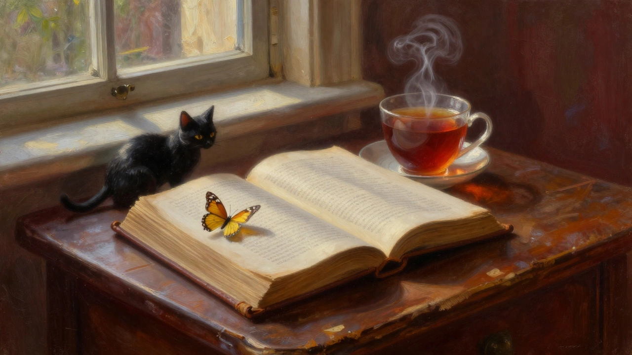 Старая книга на столе с чашкой чая в уютном интерьере.