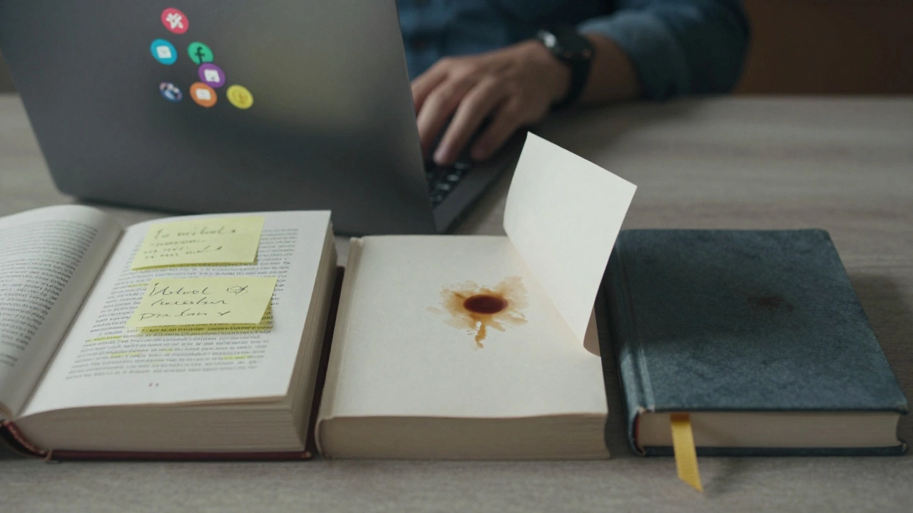 Три книги на столе: одна с пометками, другая с кофейным пятном, третья закрыта — символ глубины чтения.