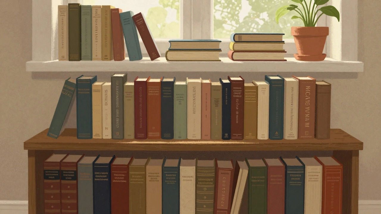 Три уровня книг: на полу, на уровне глаз и на подоконнике — доступные и красиво расставленные.