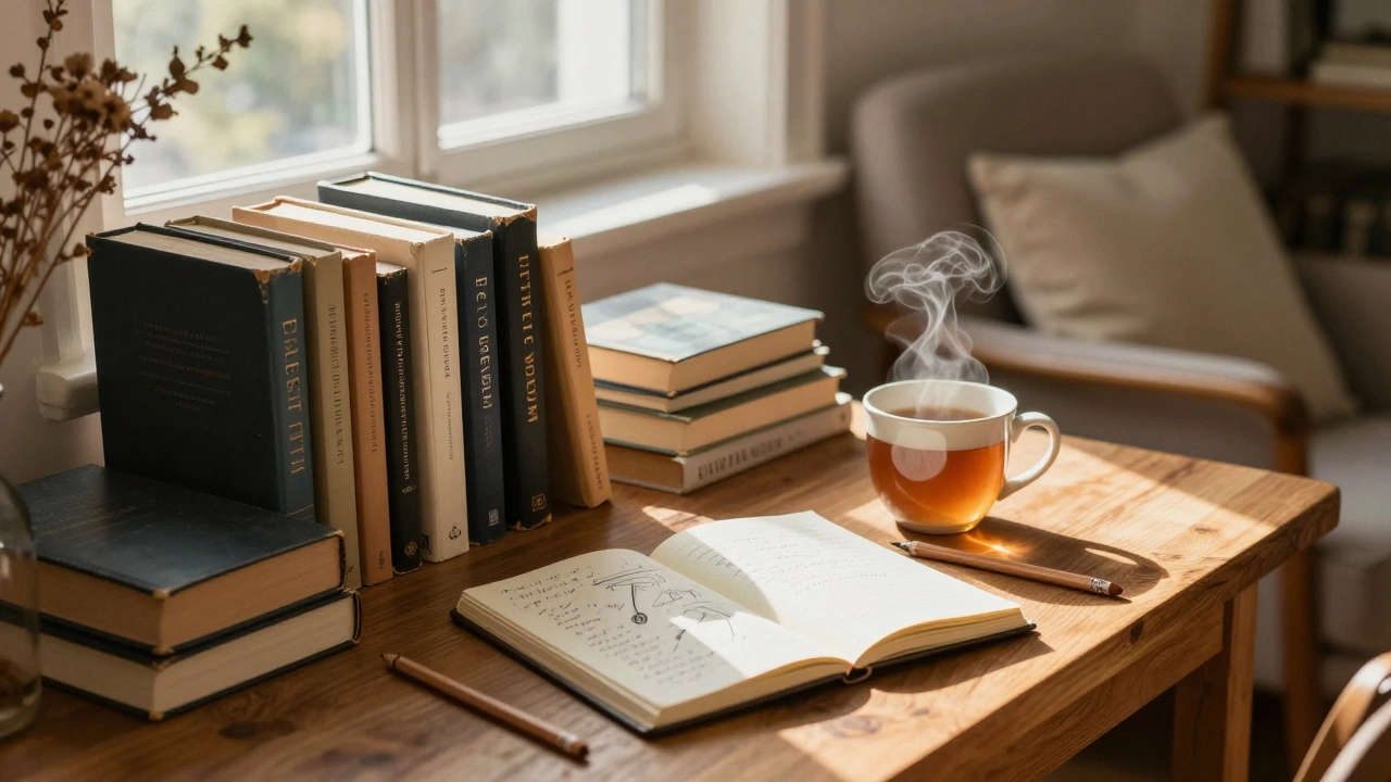 Уютный угол для чтения с книгами и записной книжкой