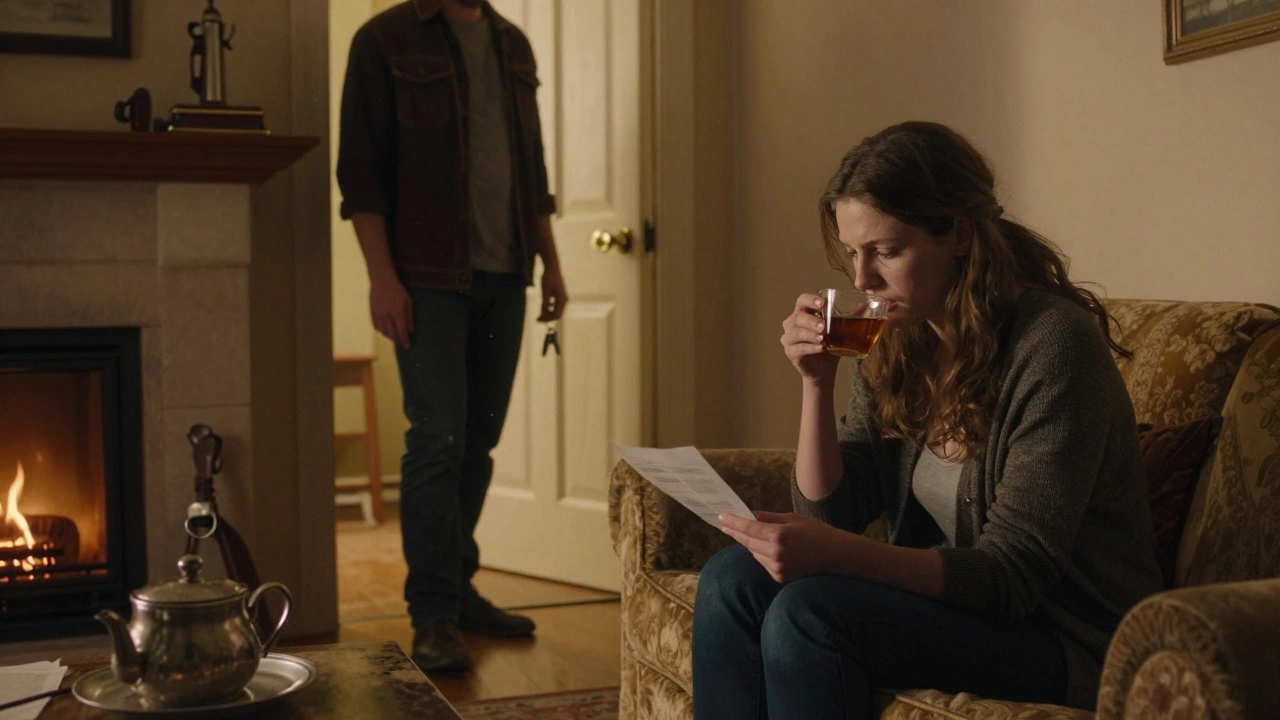 Женщина пьёт чай, мужчина стоит у двери с ключами — между ними неговорёное напряжение в тускло освещённой комнате.