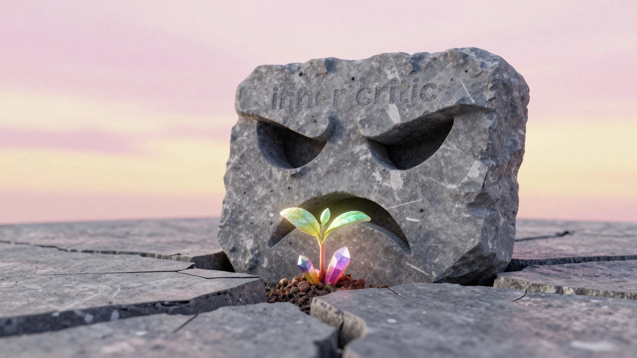 Яркий кристаллический росток, пробивающийся сквозь серый бетон в форме лица