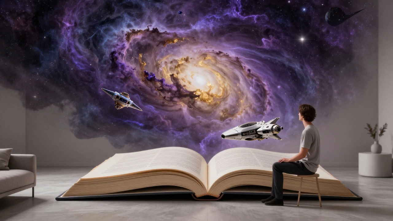 Человек читает книгу, из которой вырастает захватывающий космический пейзаж