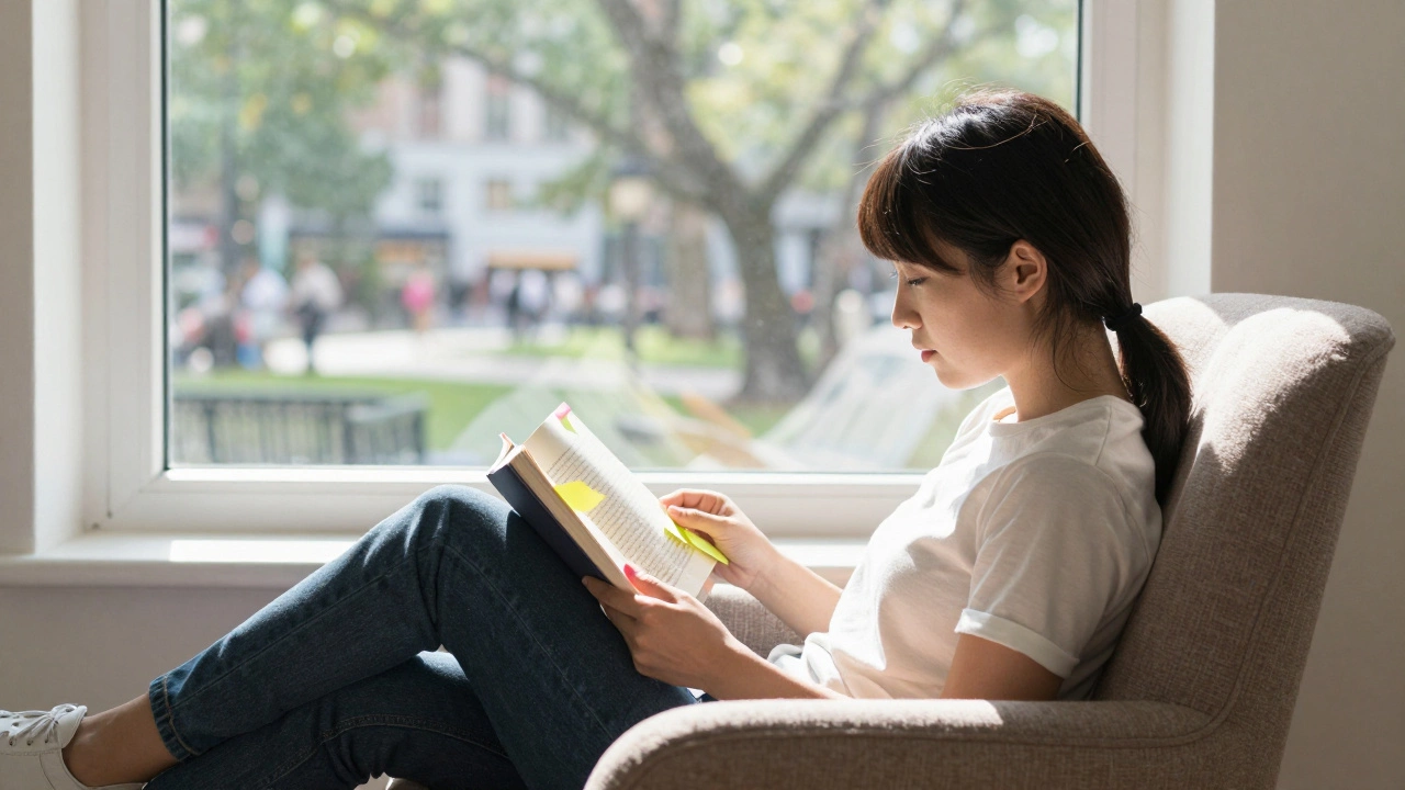 Человек читает книгу с закладками-стикерами в светлом уютном кресле у окна