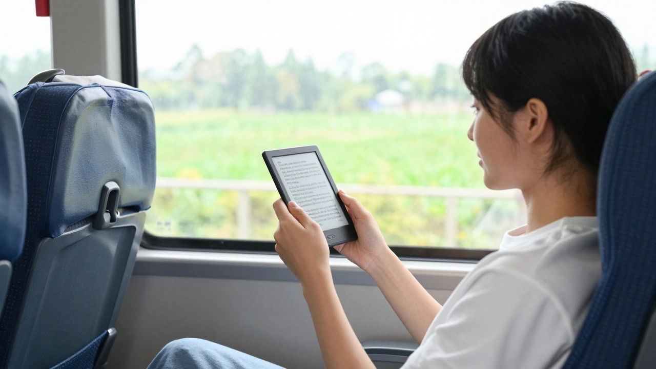 Человек правильно читает электронную книгу в автобусе, глядя в окно для отдыха глаз