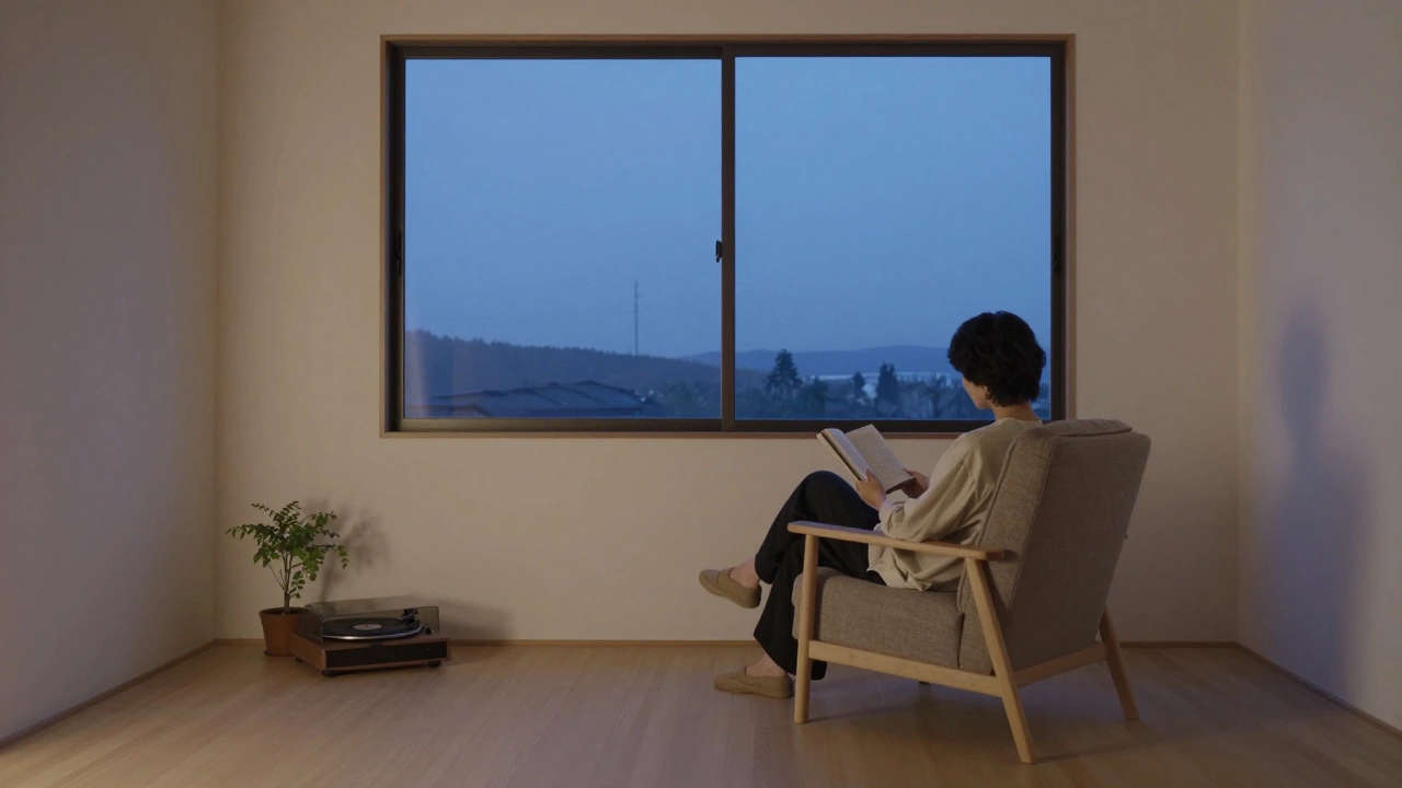 Человек в уютном кресле читает книгу в минималистичном интерьере в сумерках