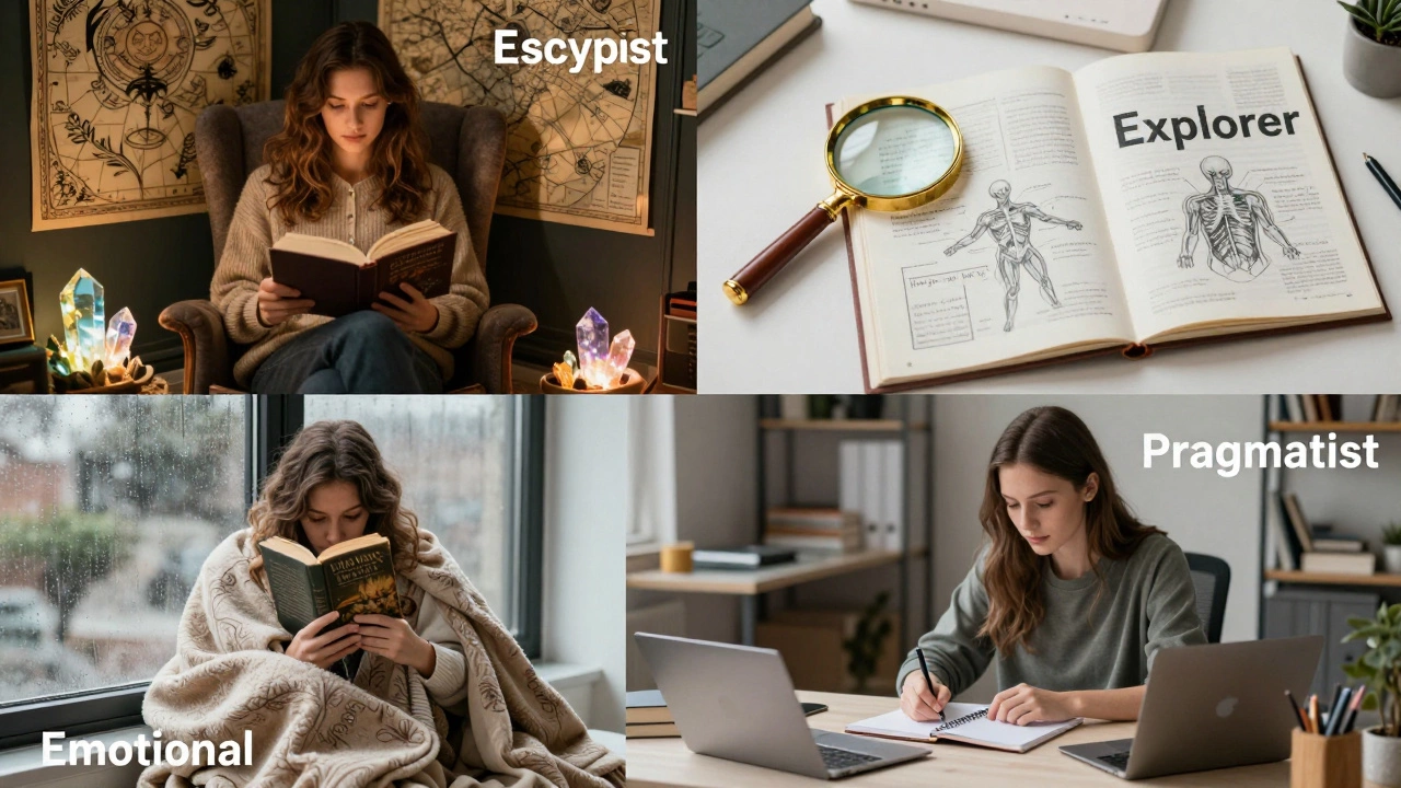 Четыре разных уголка для чтения, отражающие типы читателей: эскаписта, исследователя, эмоционала и прагматика