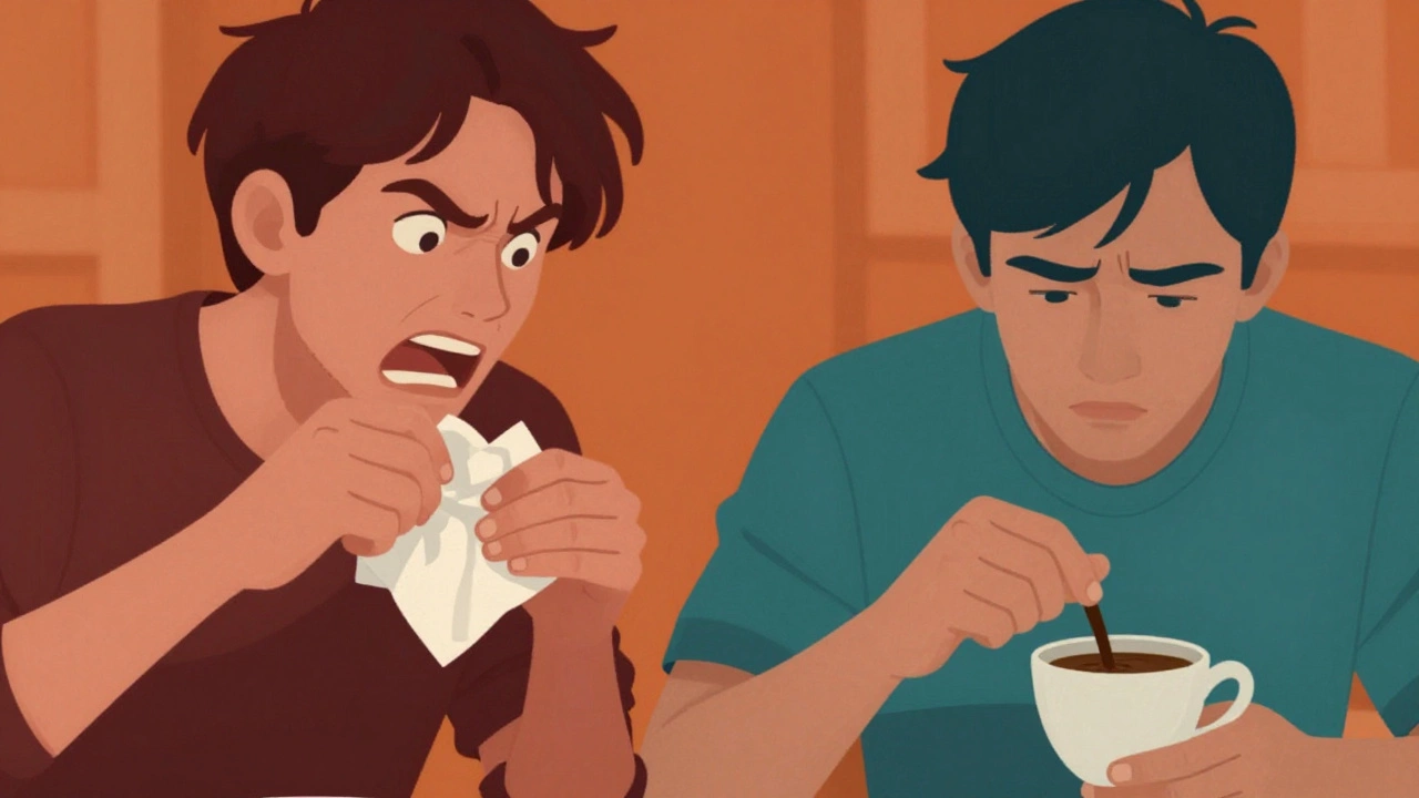 Двое спорящих людей, один из которых мнет салфетку, другой мешает кофе