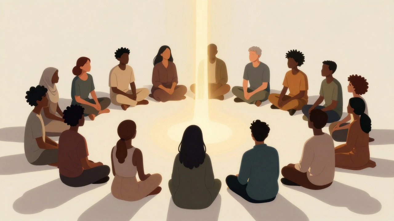 Группа людей, объединенных золотым потоком света, символизирующим общие истории